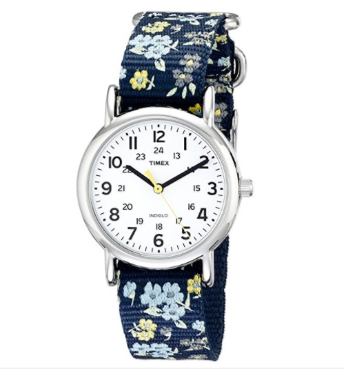 Timex Women's Floral Watch Weekender Blue Slip Thru Strap T2P370