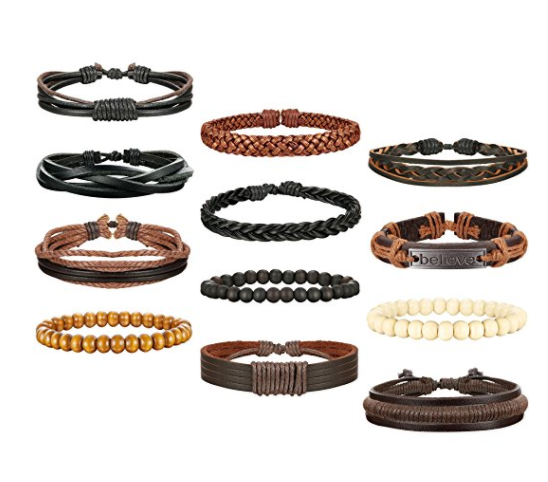 Unisex Leather Bracelets Wooden Bead Bracelets 12Pcs
