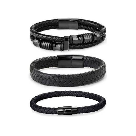 Magnetic-Clasp Leather Bracelets for Men 3Pcs