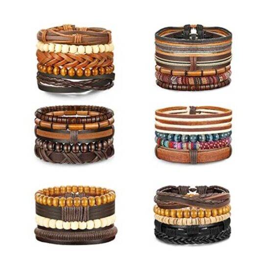 Unisex Woven Leather & Wooden Beaded Bracelets 26-28 Pcs