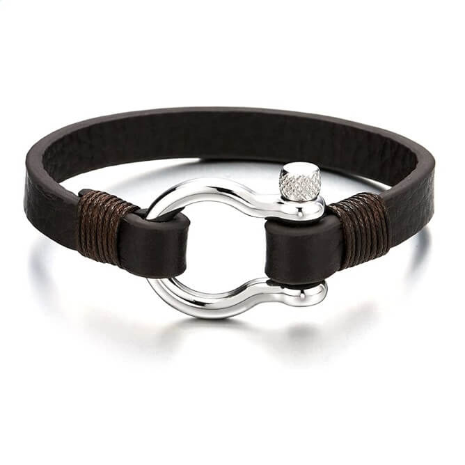 Steel Screw Anchor Shackles Wrap Bracelet with Brown Leather - Kool Stuff