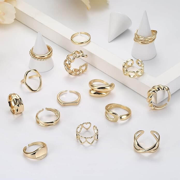 16PCS Gold Dome Chunky 18K Gold Plated Adjustable Rings Size 6-9 2