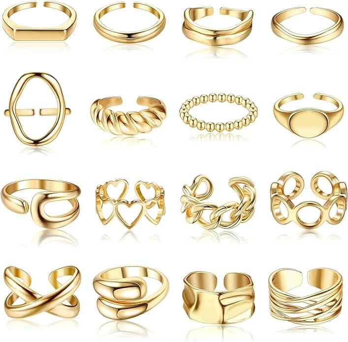 16PCS Gold Dome Chunky 18K Gold Plated Adjustable Rings Size 6-9 2