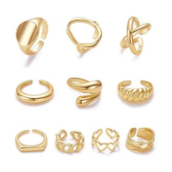 10PCS Gold Dome Chunky Rings for Women 18K Gold Plated Adjustable Rings Size 7-9