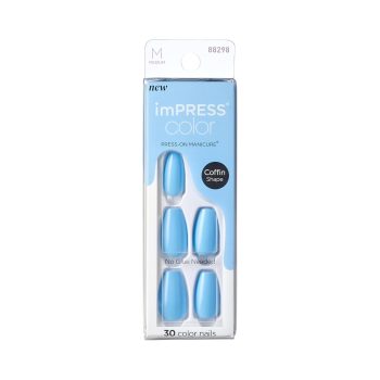 KISS imPRESS Color press-on nails in Serene Blue, short square shape, 30 count