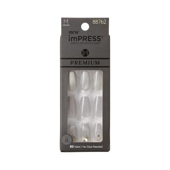 KISS imPRESS Premium Collection press-on nails, Legacy gray V-cut stone, medium ballerina, 30 count