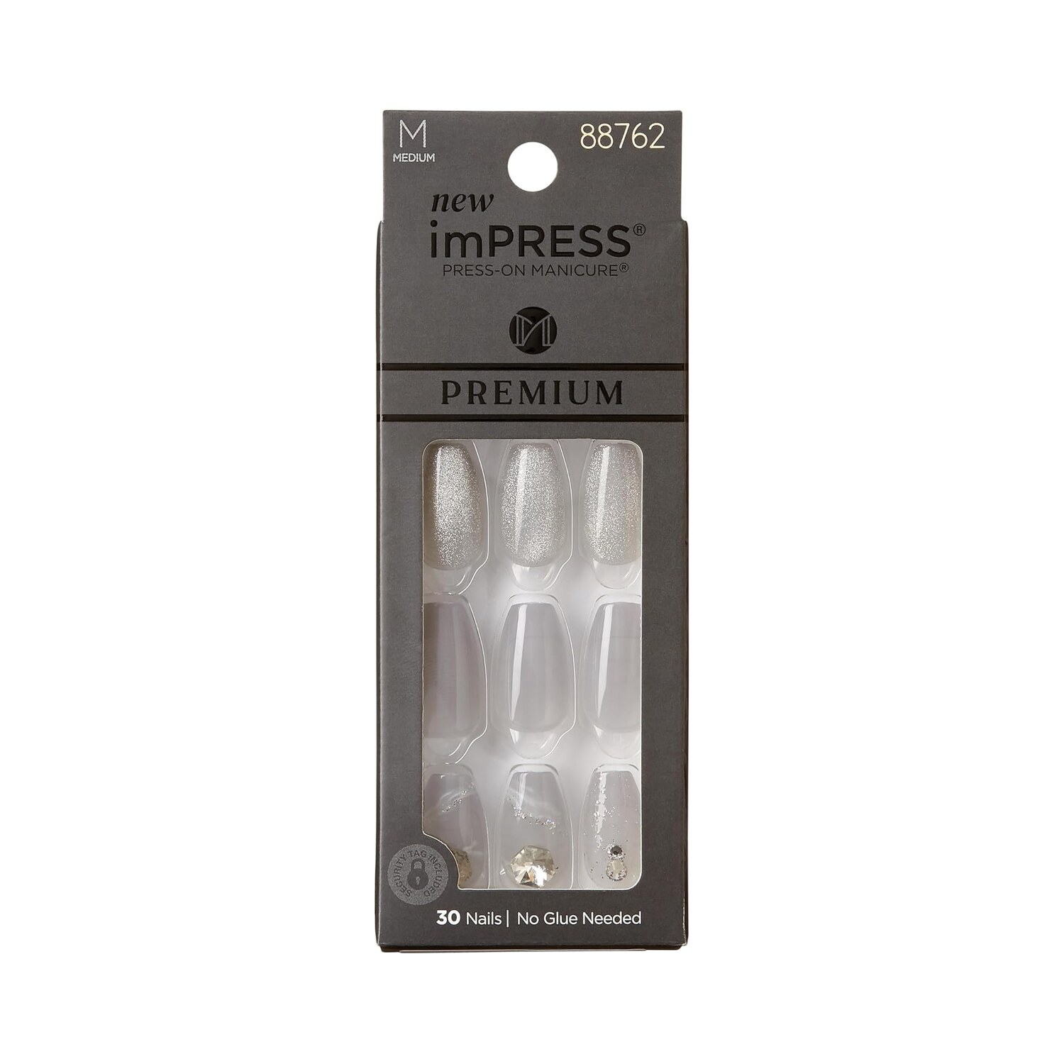KISS imPRESS Premium Collection press-on nails, Legacy gray V-cut stone, medium ballerina, 30 count