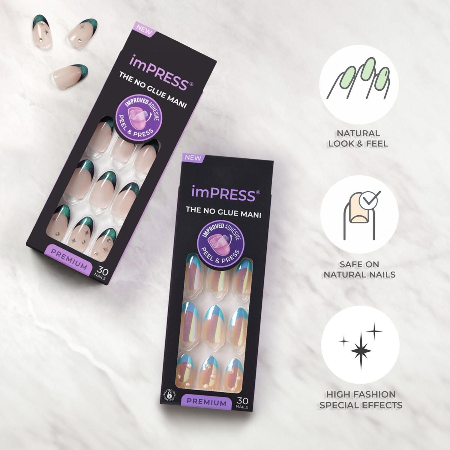 KISS imPRESS Premium Collection press-on nails, Legacy gray V-cut stone, medium ballerina, 30 count — product features