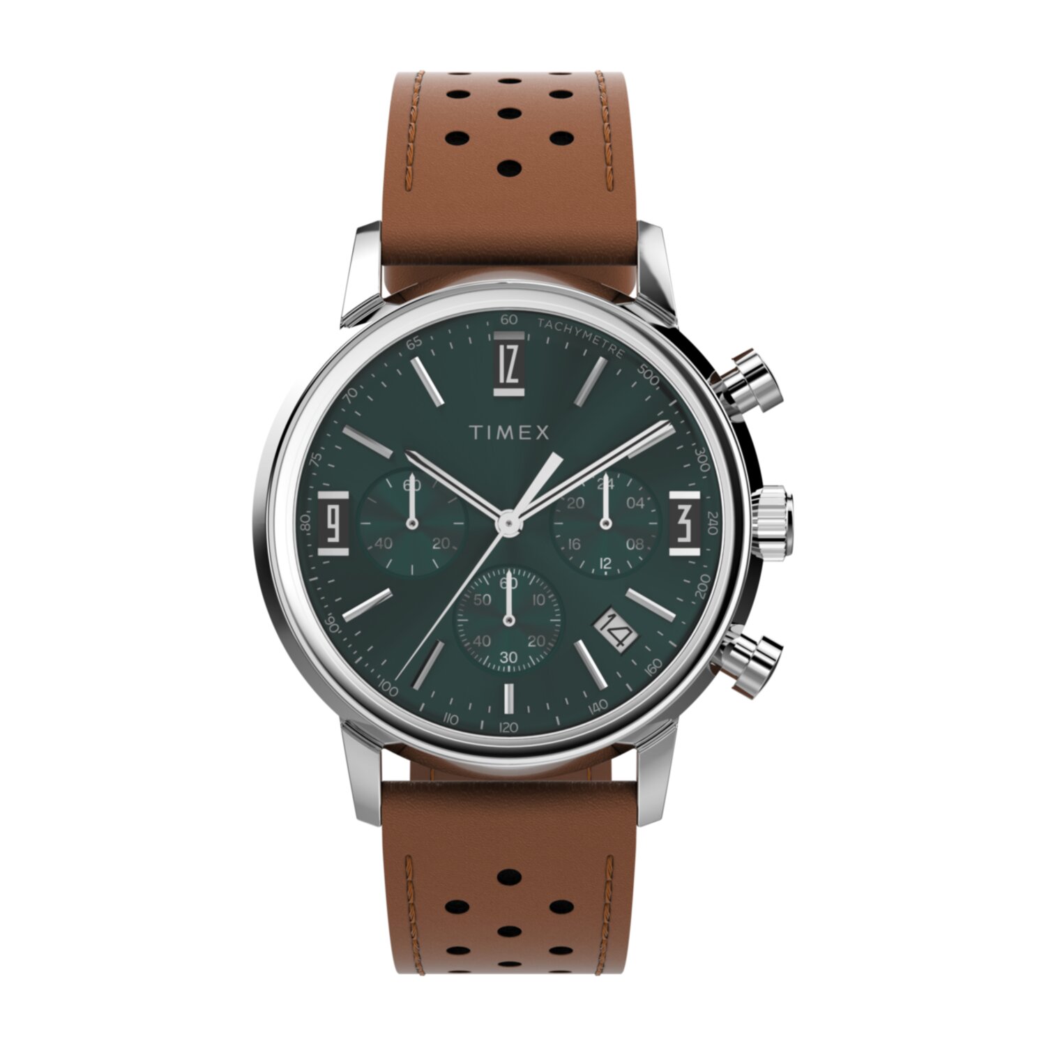 Timex Men's Marlin Chronograph Tachymeter 40mm Watch - Green Dial, Brown Leather Strap (TW2W10100)